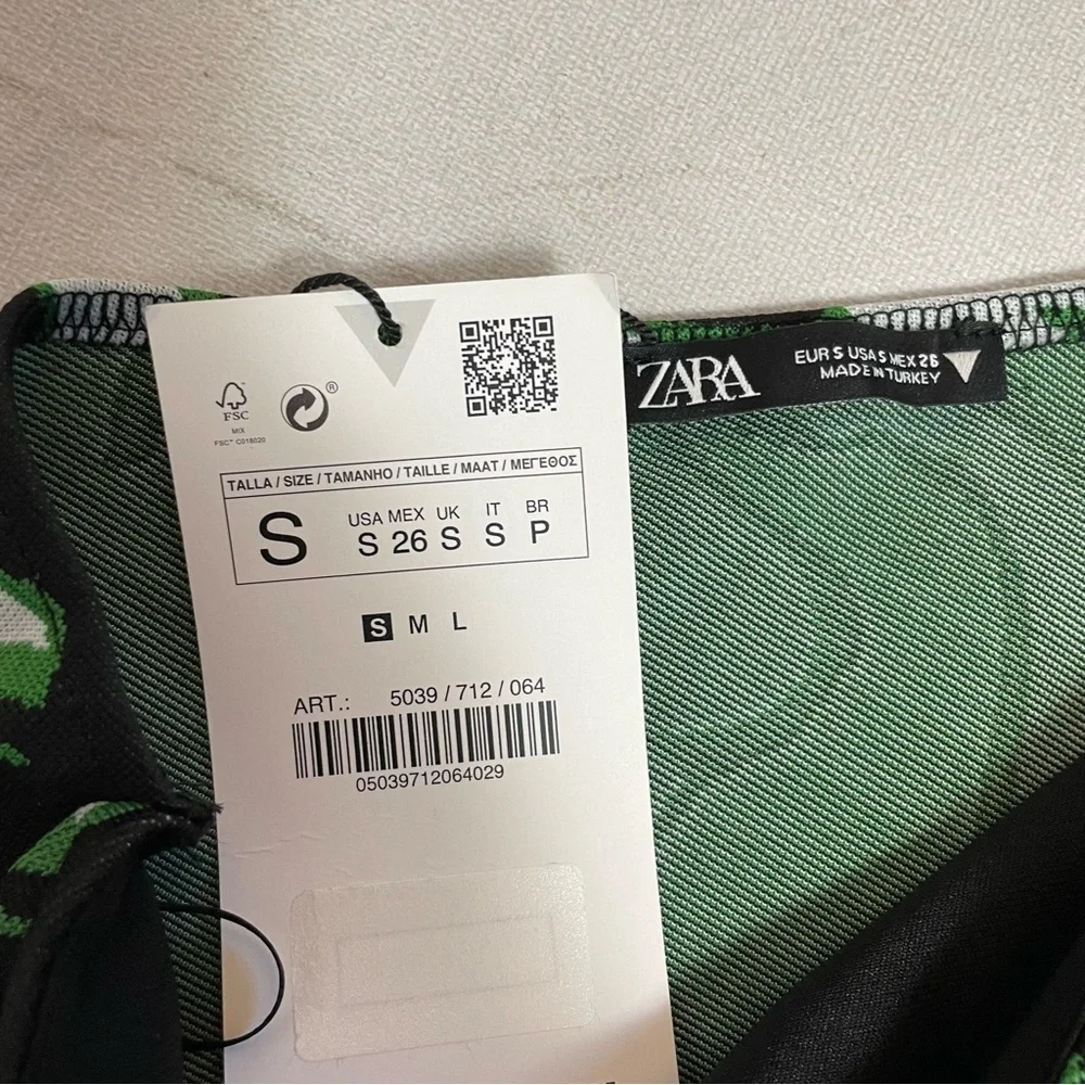 NWT New ZARA Asymmetrical Green Black Jacquard One Sleeve Top Size S